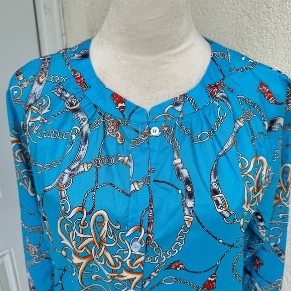 Women’s Blue Chain Print, Long Sleeve Blouse. Round Neck. Button down. S… - Picture 2 of 8